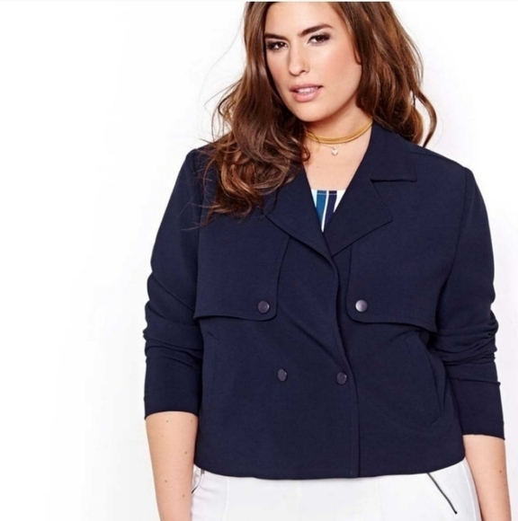 Michel Studio Blue Cropped Trench Jacket Size 22 - Picture 1 of 14